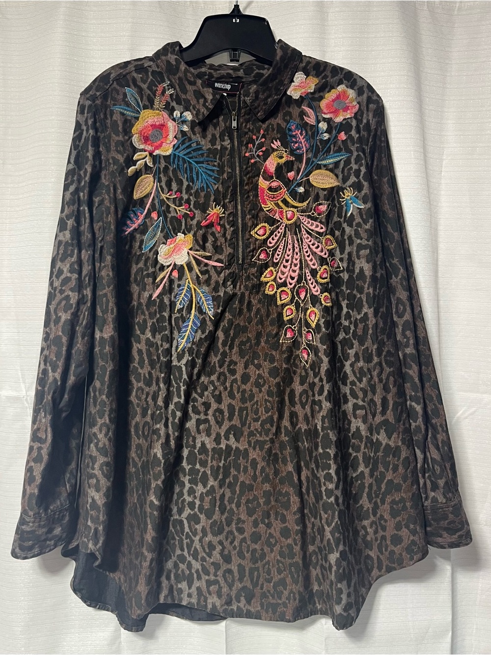 Johnny Was Black Leopard Tunic and pants with Multicolor Embroidered Peacock